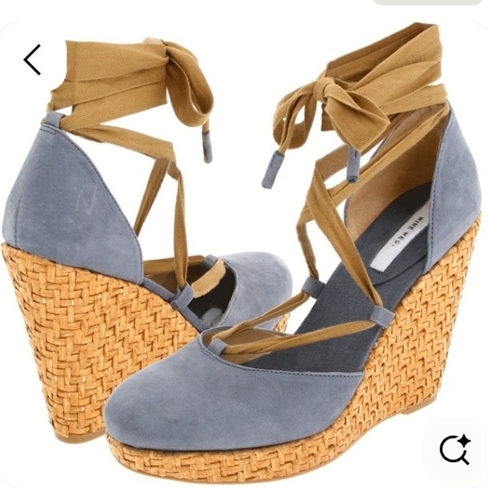 Nine West Blue Suede Lace-Up Wedge Espadrilles with Tan Ankle Wrap Ties